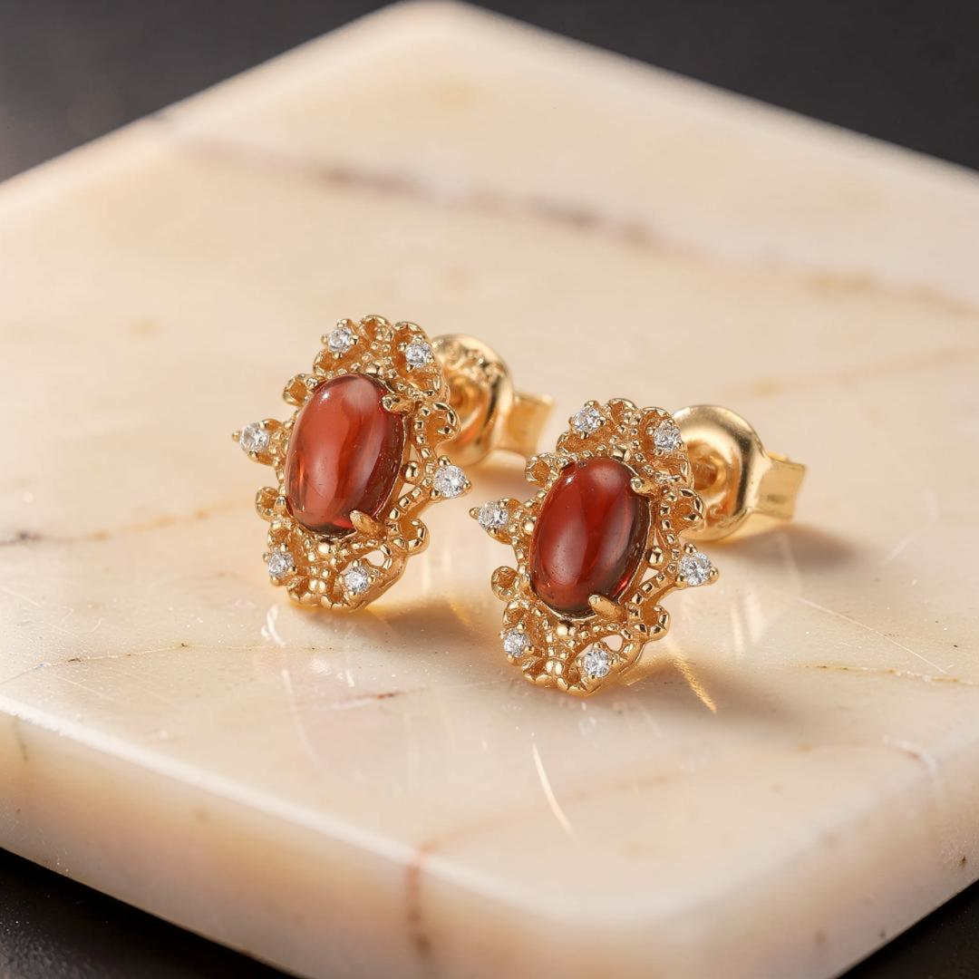 Boucles d'Oreilles Grenat – Flamme Royale, Argent Plaqué Or 10K