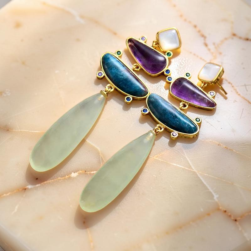 Boucles d'Oreilles Jade, Améthyste et Apatite – Éclat Serein