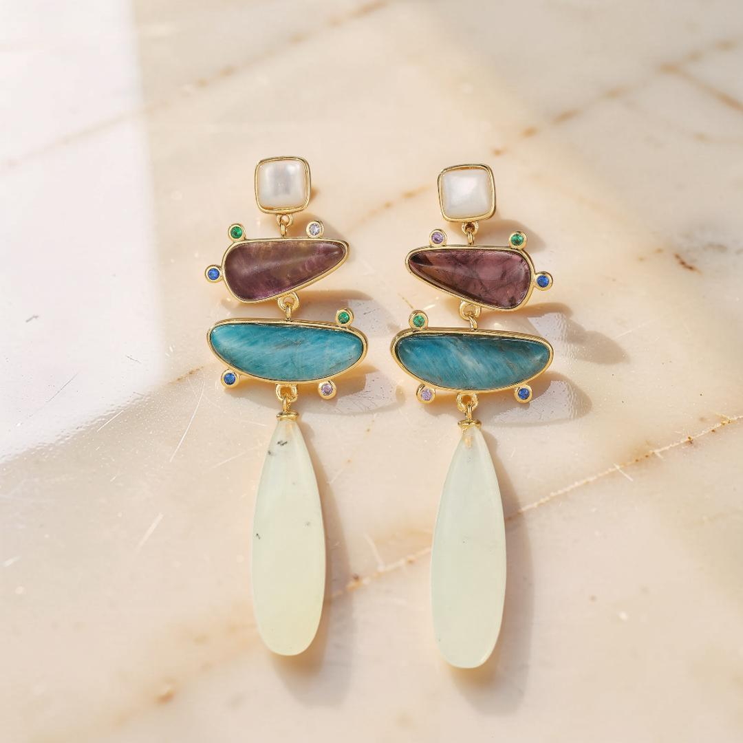 Boucles d'Oreilles Jade, Améthyste et Apatite – Éclat Serein