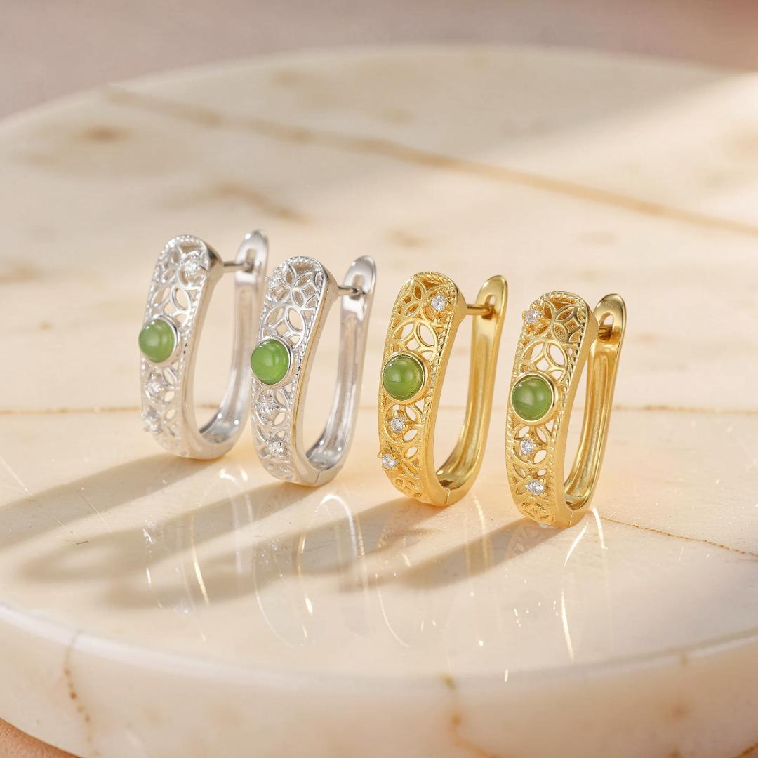 Boucles d'Oreilles Jade – Élégance Impériale, Argent Plaqué Or