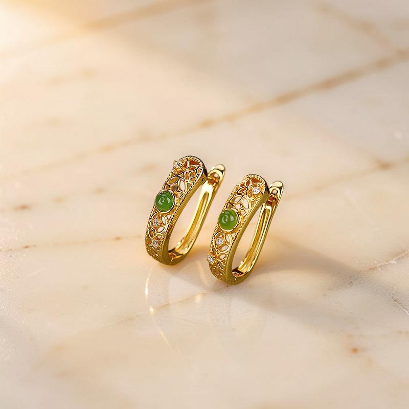 Boucles d'Oreilles Jade – Élégance Impériale, Argent Plaqué Or