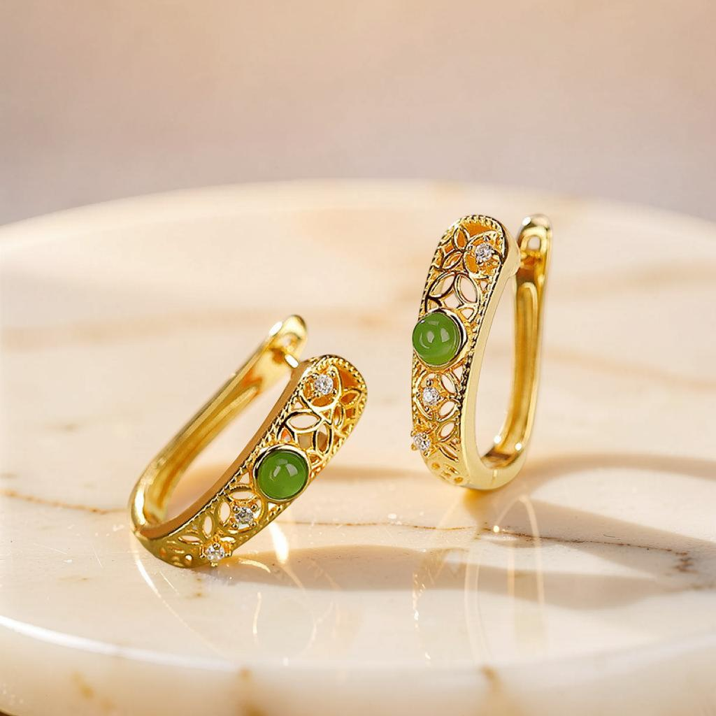 Boucles d'Oreilles Jade – Élégance Impériale, Argent Plaqué Or