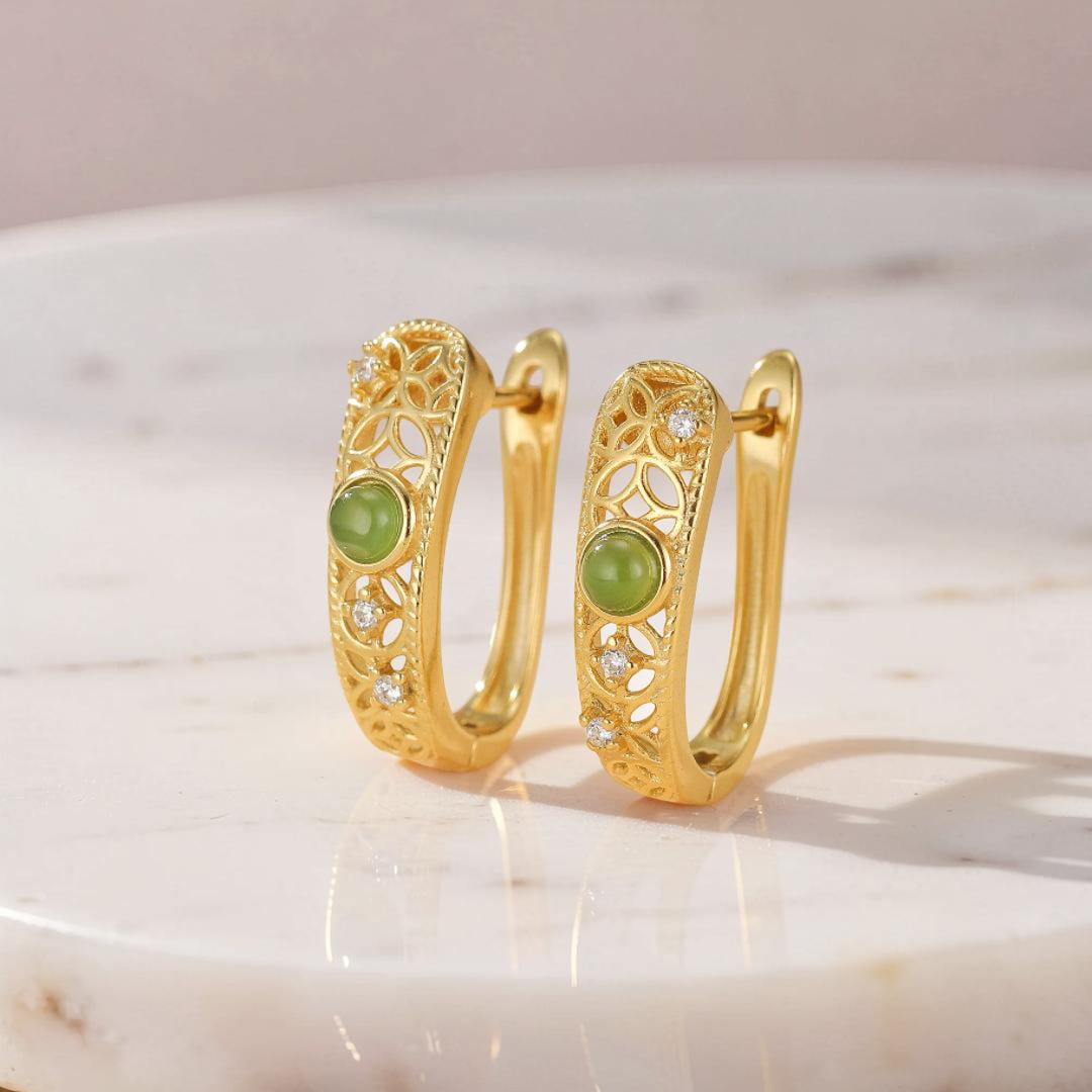 Boucles d'Oreilles Jade – Élégance Impériale, Argent Plaqué Or