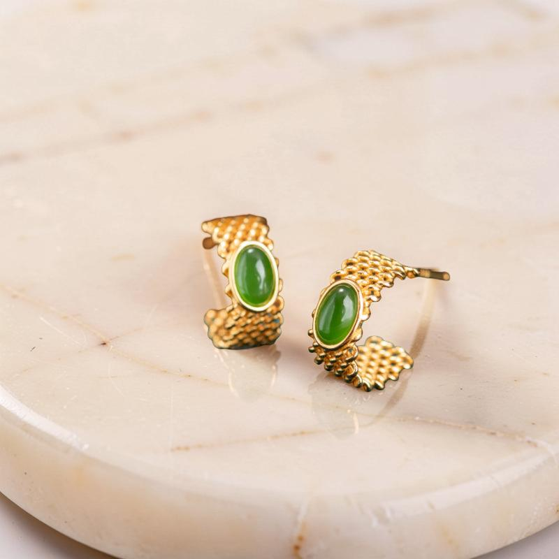Boucles d'Oreilles Jade – Élégance Raffinée, Argent Plaqué Or