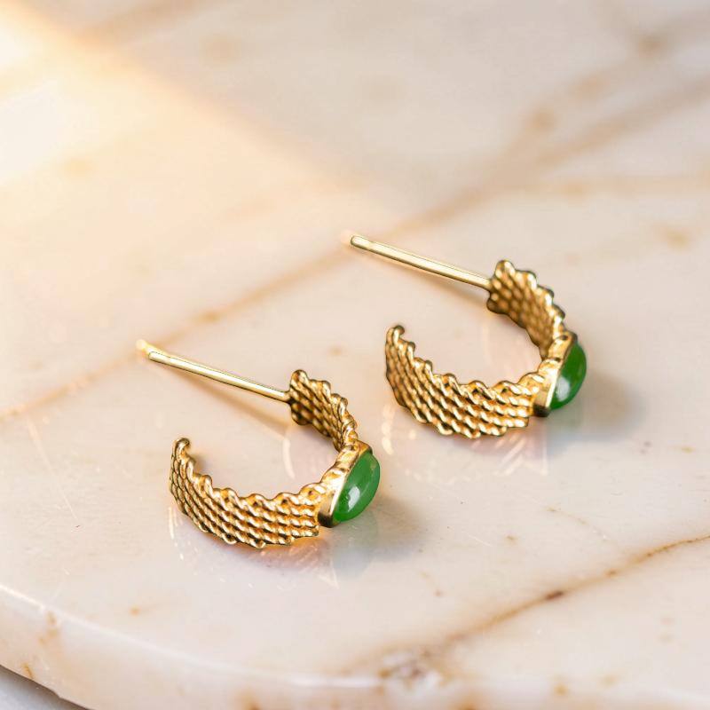 Boucles d'Oreilles Jade – Élégance Raffinée, Argent Plaqué Or