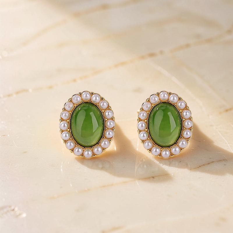 Boucles d'Oreilles Jade et Perle – Douceur, Argent Plaqué Or