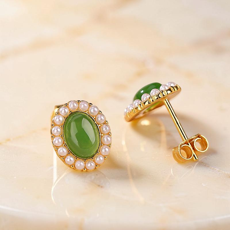 Boucles d'Oreilles Jade et Perle – Douceur, Argent Plaqué Or