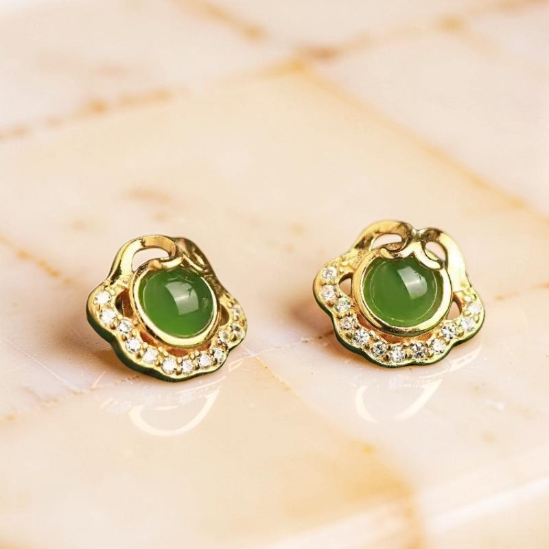 Boucles d'Oreilles Jade – Nuage de Bonheur, Argent Plaqué Or