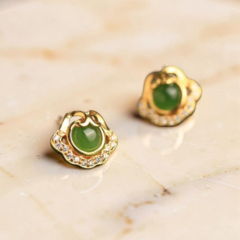 Boucles d'Oreilles Jade – Nuage de Bonheur, Argent Plaqué Or