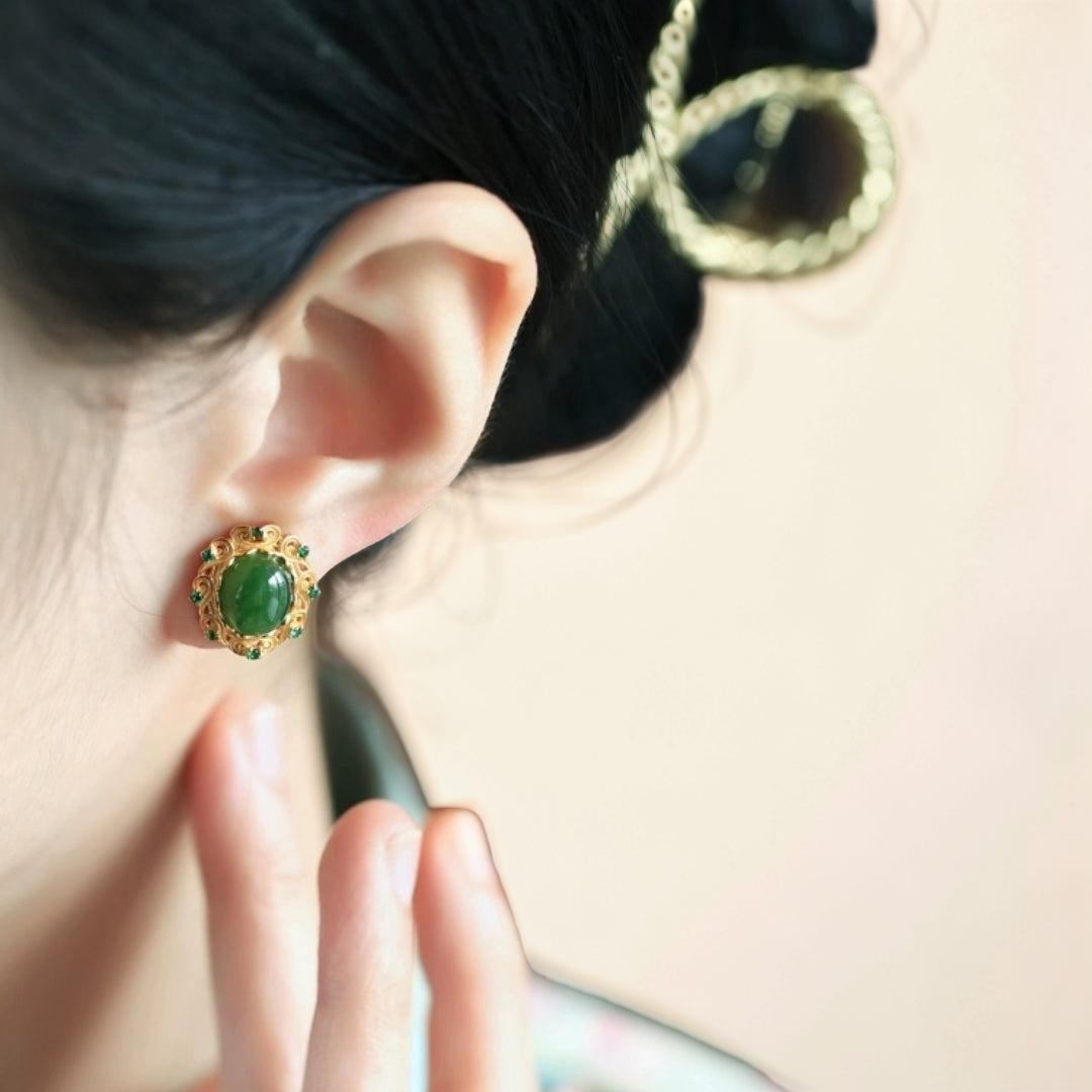 Boucles d'Oreilles Jade – Nuage de Félicité, Argent Plaqué Or