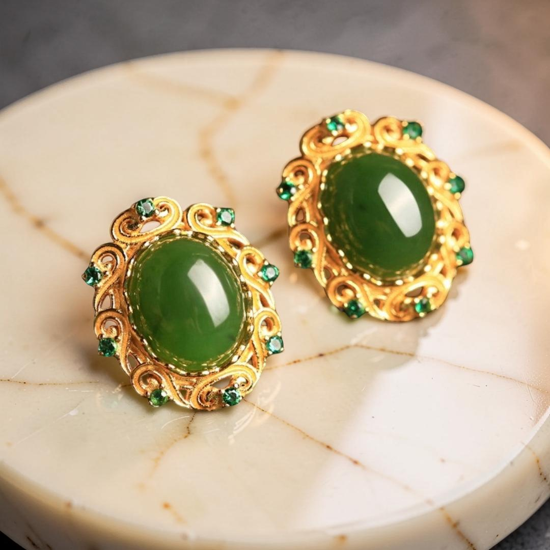 Boucles d'Oreilles Jade – Nuage de Félicité, Argent Plaqué Or