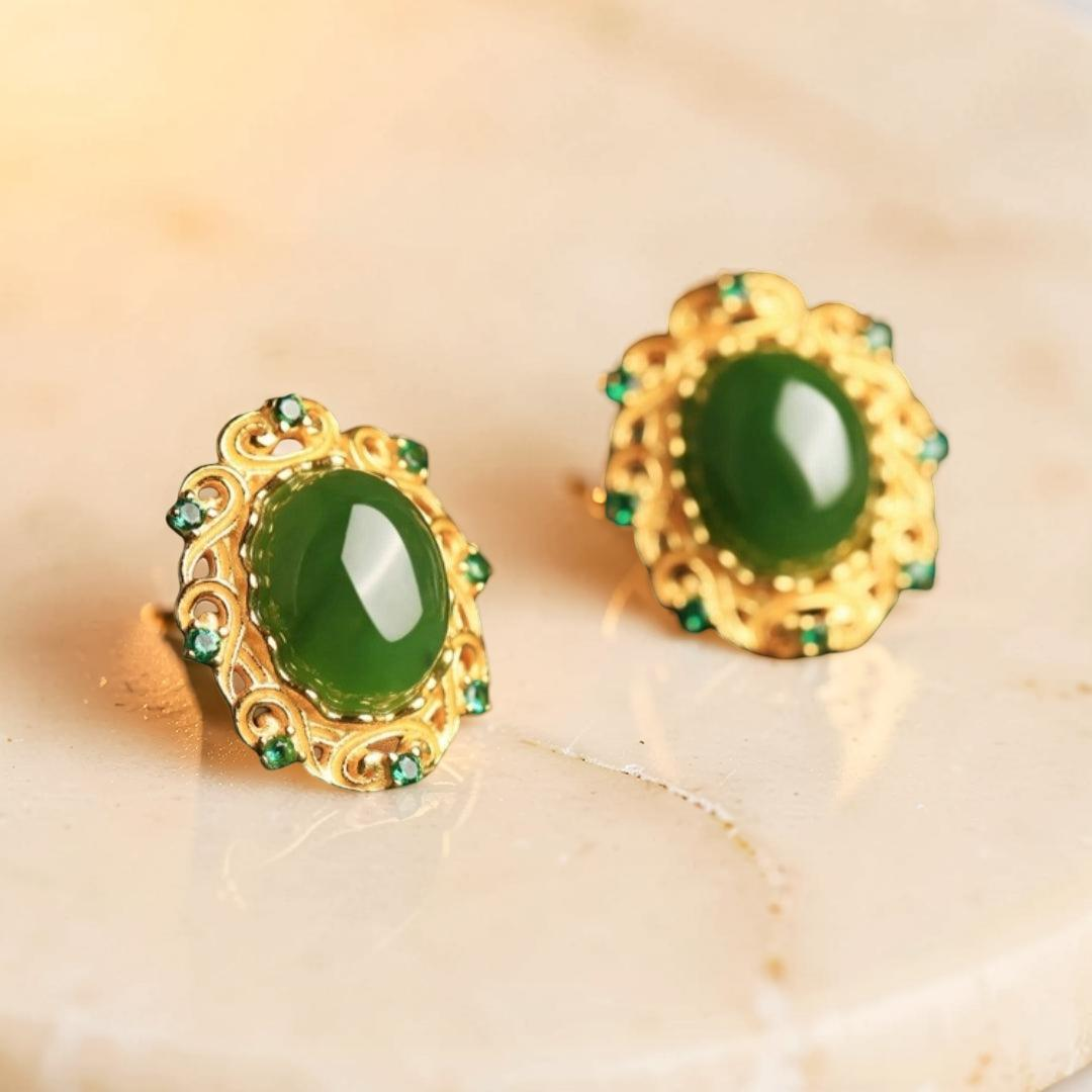 Boucles d'Oreilles Jade – Nuage de Félicité, Argent Plaqué Or