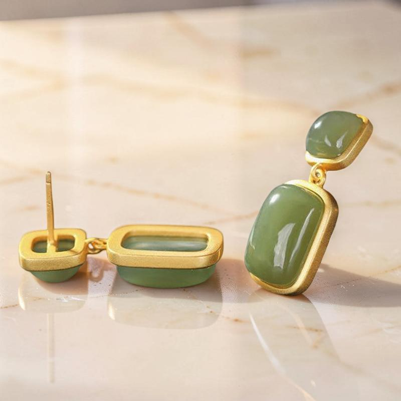 Boucles d'Oreilles Jade – Pureté, Argent Plaqué Or