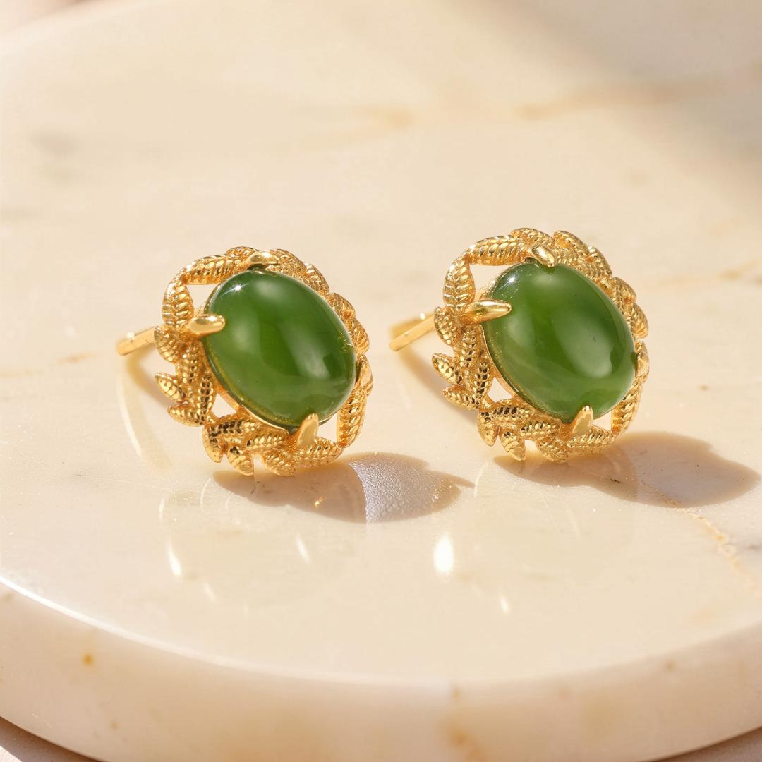 Boucles d'Oreilles Jade – Reine de Jade, Argent Plaqué Or