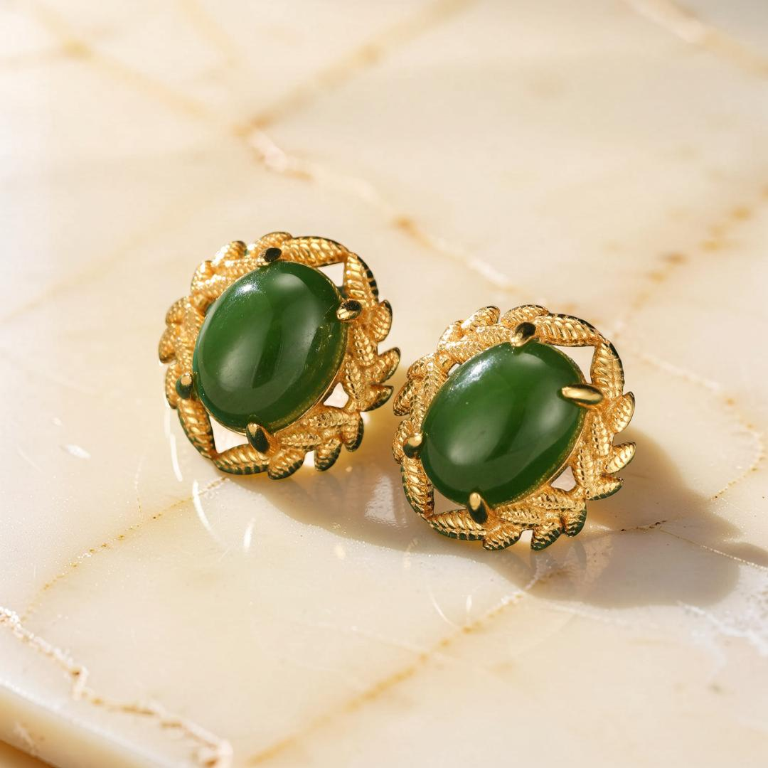 Boucles d'Oreilles Jade – Reine de Jade, Argent Plaqué Or