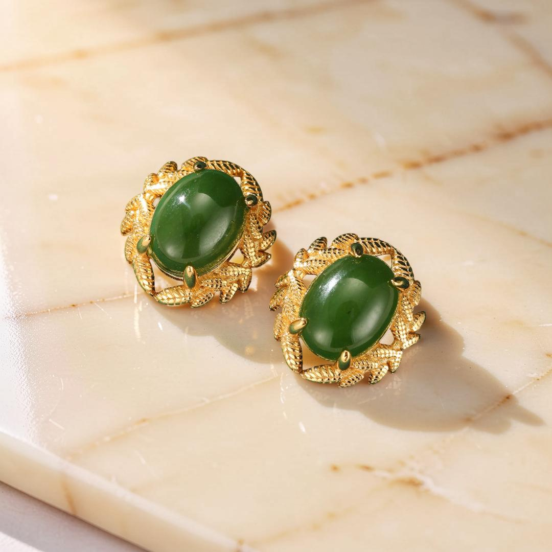 Boucles d'Oreilles Jade – Reine de Jade, Argent Plaqué Or