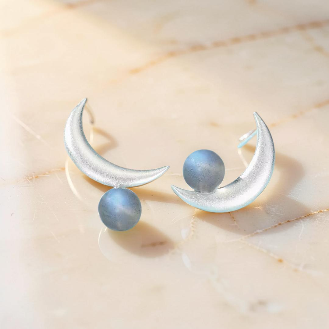 Boucles d'Oreilles Labradorite – Croissant Enchanté, Argent
