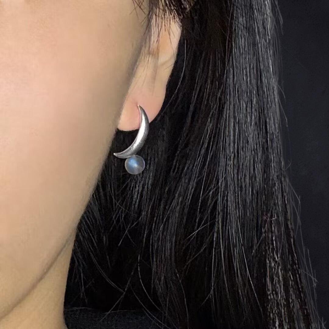 Boucles d'Oreilles Labradorite – Croissant Enchanté, Argent