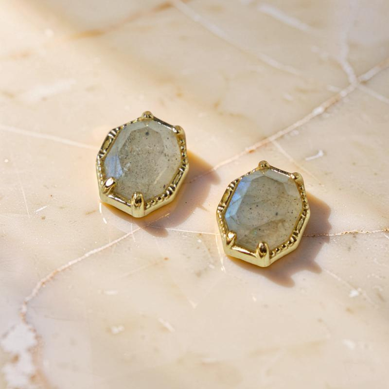 Boucles d'Oreilles Labradorite – Élan Lustré, Argent Plaqué Or