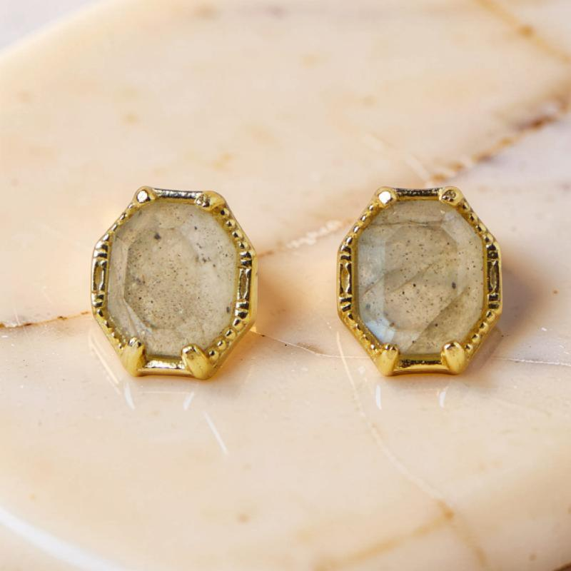 Boucles d'Oreilles Labradorite – Élan Lustré, Argent Plaqué Or
