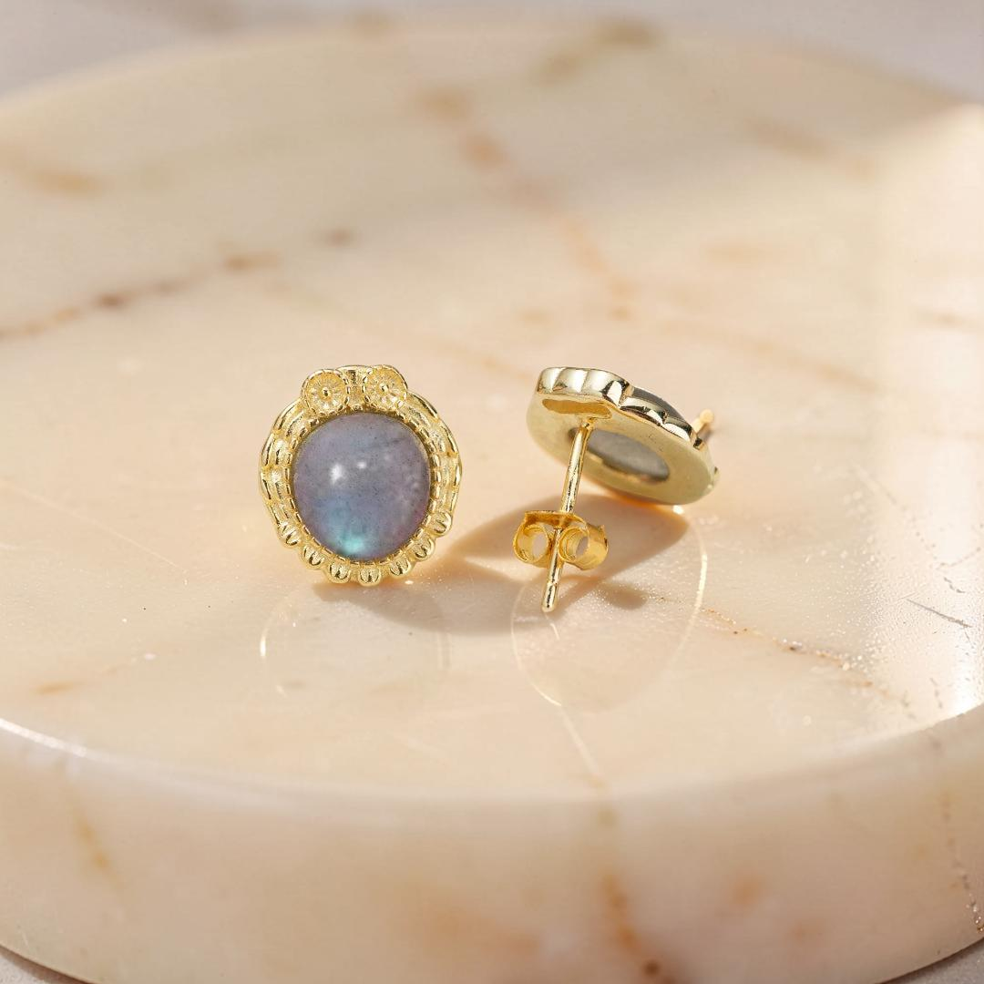 Boucles d'Oreilles Labradorite – Sagesse Antique, Argent Plaqué Or