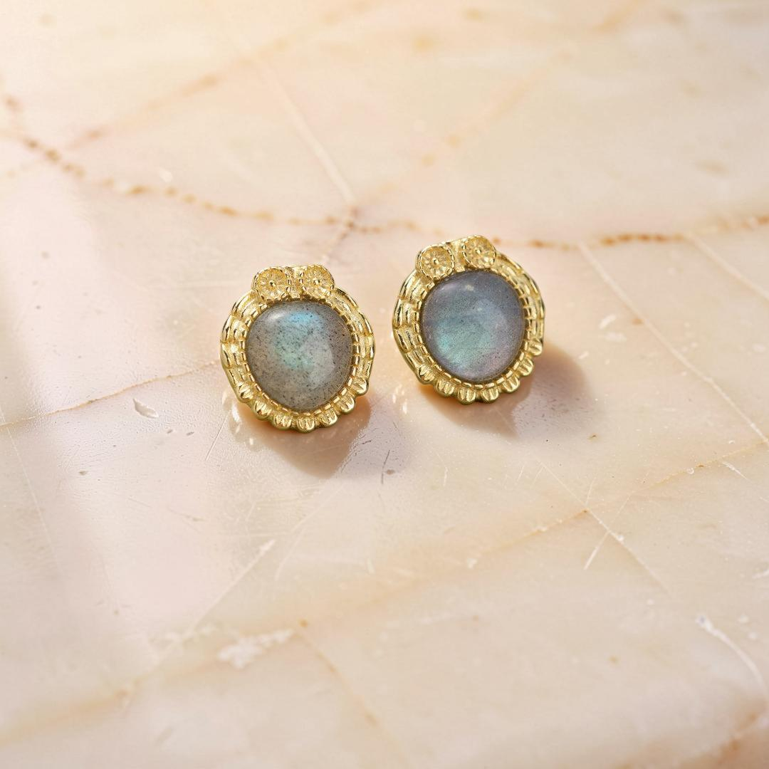 Boucles d'Oreilles Labradorite – Sagesse Antique, Argent Plaqué Or