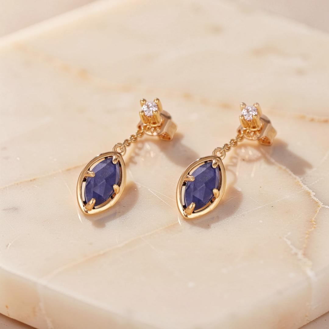 Boucles d'Oreilles Lapis Lazuli et Quartz Clair – Étoile du Matin, Argent Plaqué Or