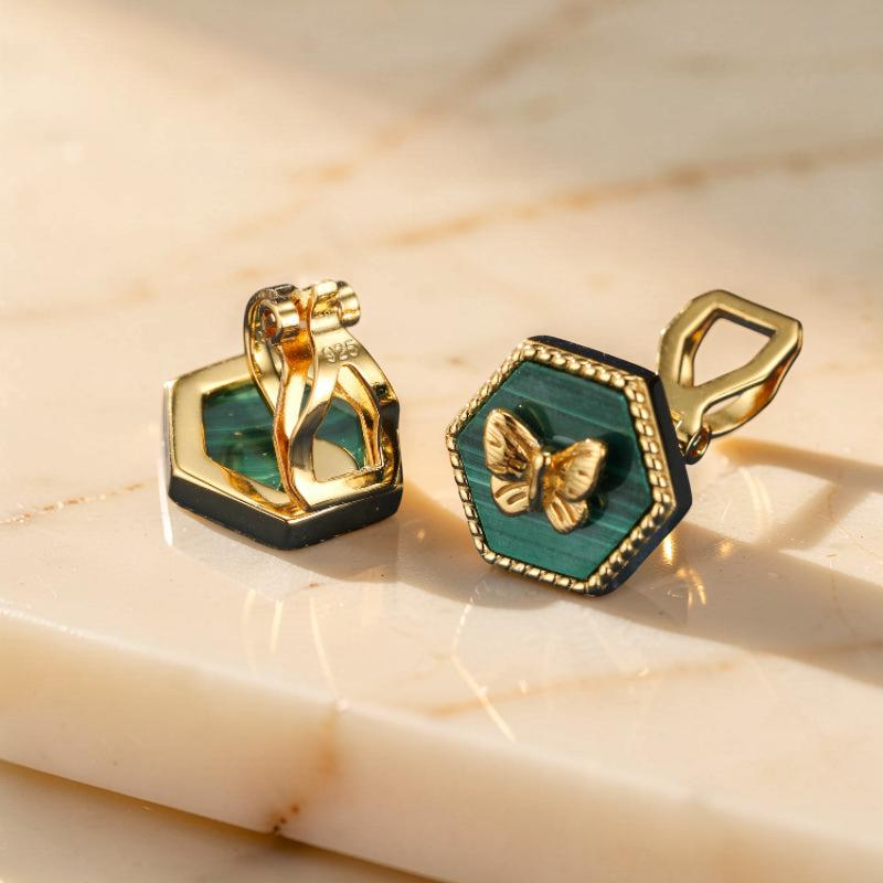 Boucles d'Oreilles Malachite – Élégance Papillon, Argent Plaqué Or