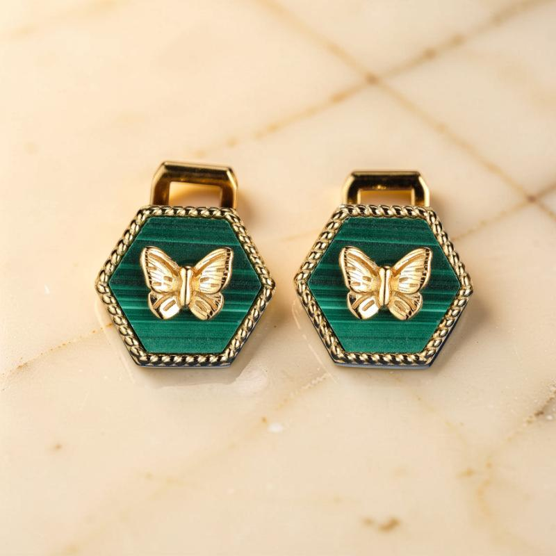 Boucles d'Oreilles Malachite – Élégance Papillon, Argent Plaqué Or