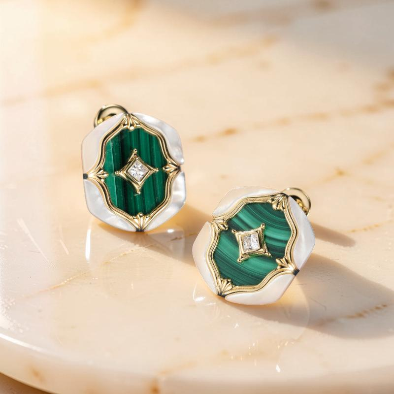 Boucles d'Oreilles Malachite et Nacre – Astres en Verdures, Argent Plaqué Or