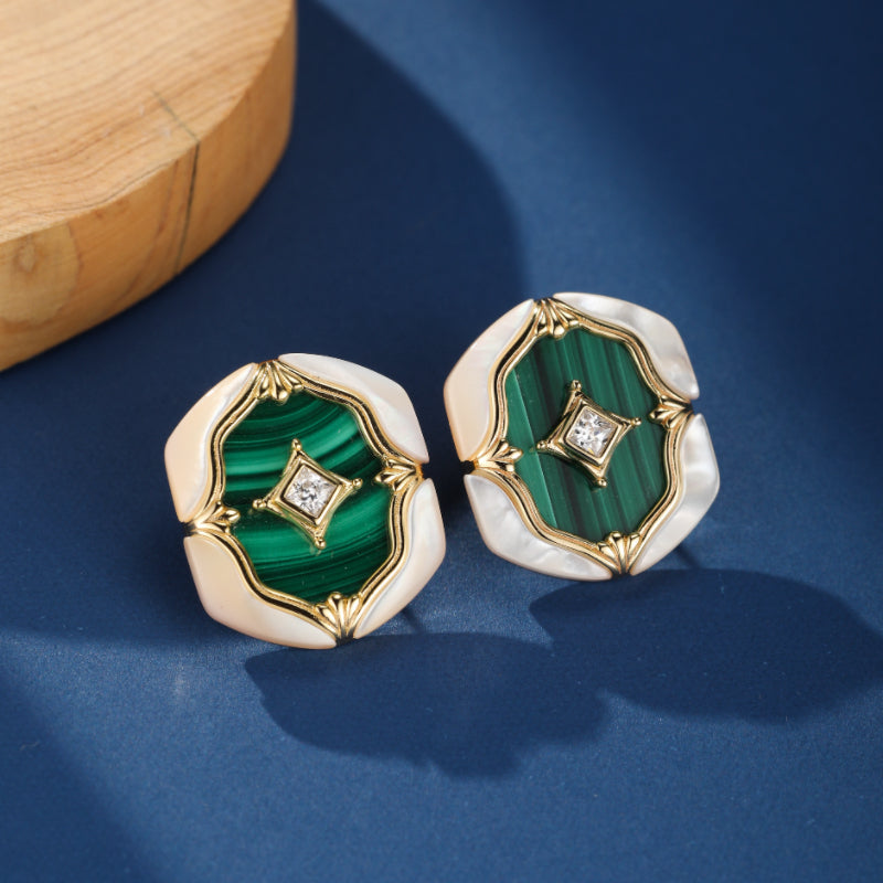 Boucles d'Oreilles Malachite et Nacre – Astres en Verdures, Argent Plaqué Or