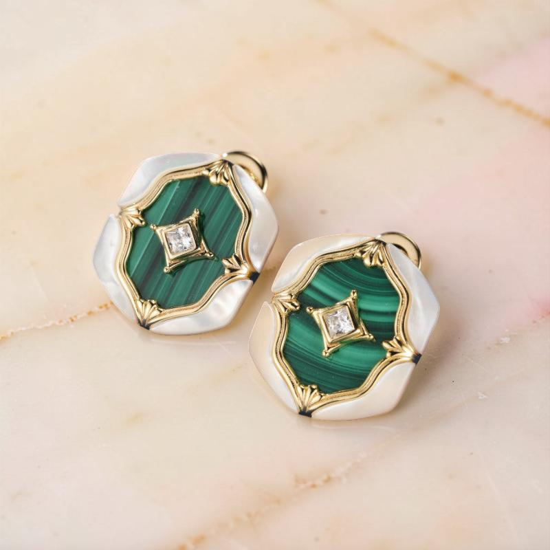 Boucles d'Oreilles Malachite et Nacre – Astres en Verdures, Argent Plaqué Or
