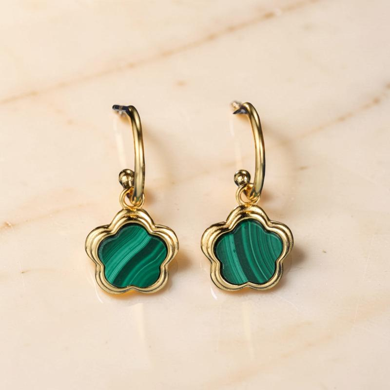 Boucles d'Oreilles Malachite – Étoile Fleur, Argent Plaqué Or