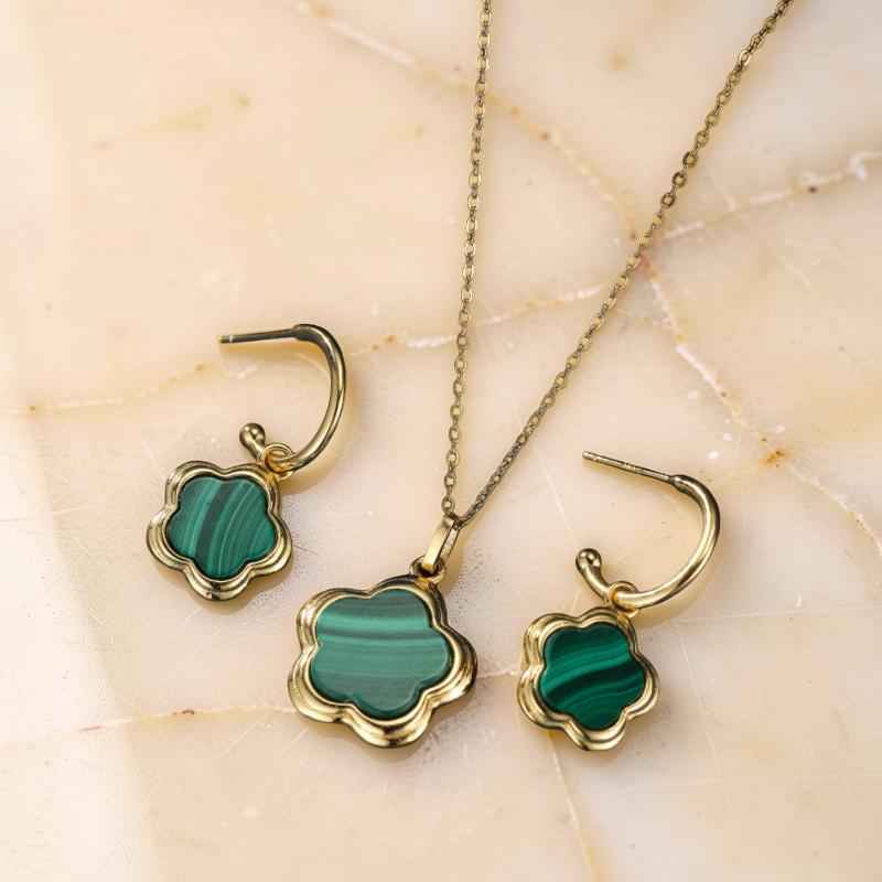 Boucles d'Oreilles Malachite – Étoile Fleur, Argent Plaqué Or