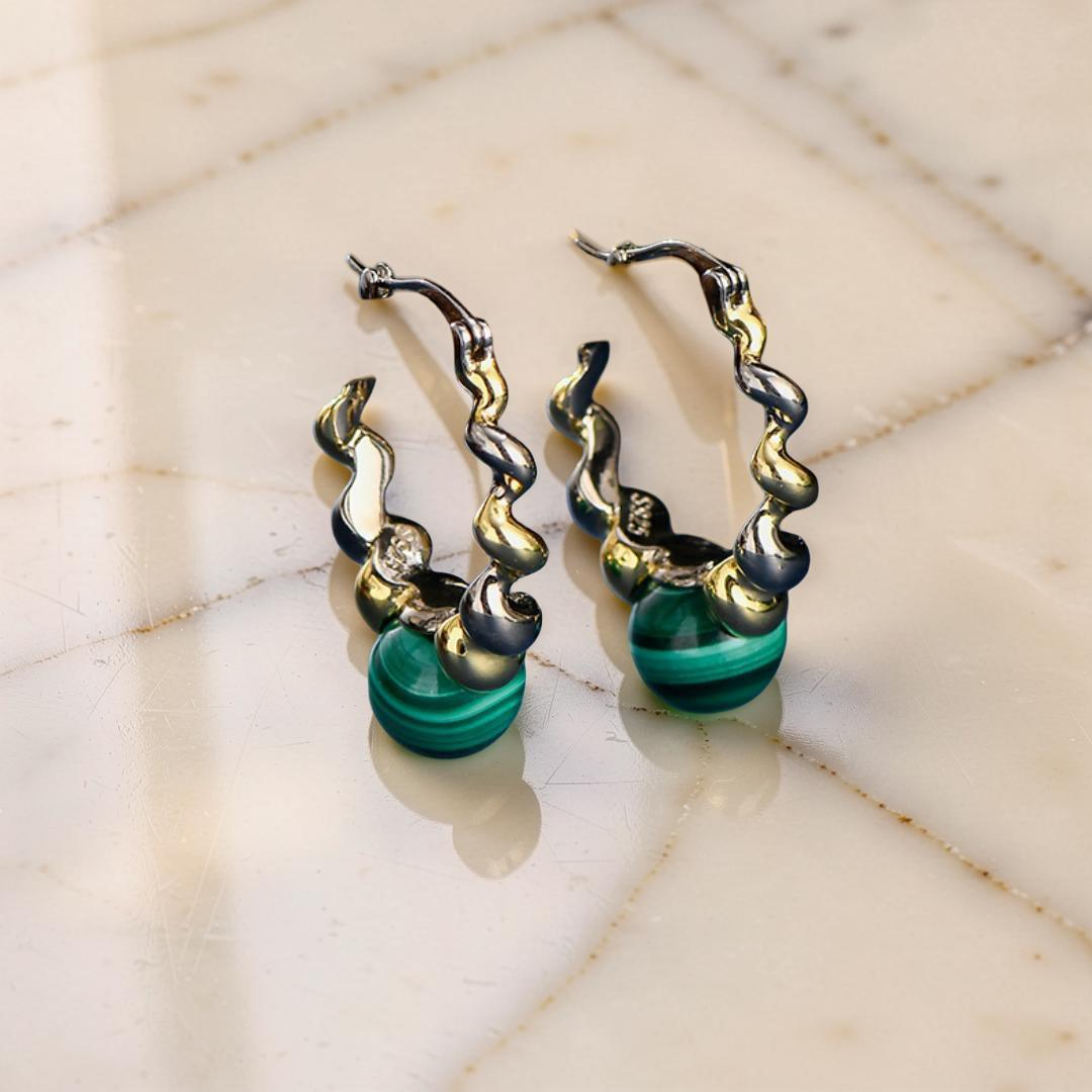 Boucles d'Oreilles Malachite – Évolution, Argent 925