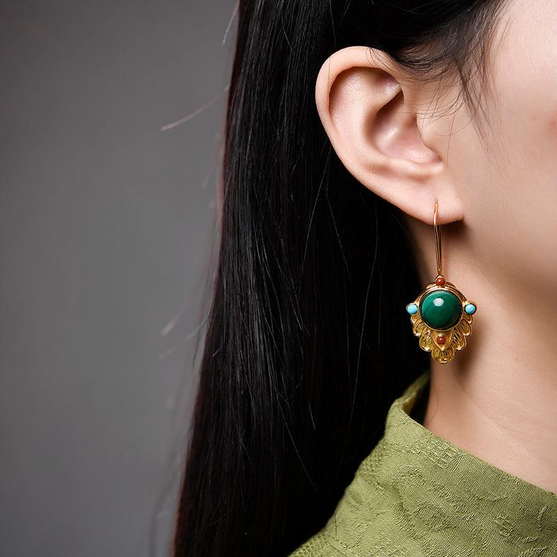 Boucles d'Oreilles Malachite – Feuille Dorée, Argent Plaqué Or