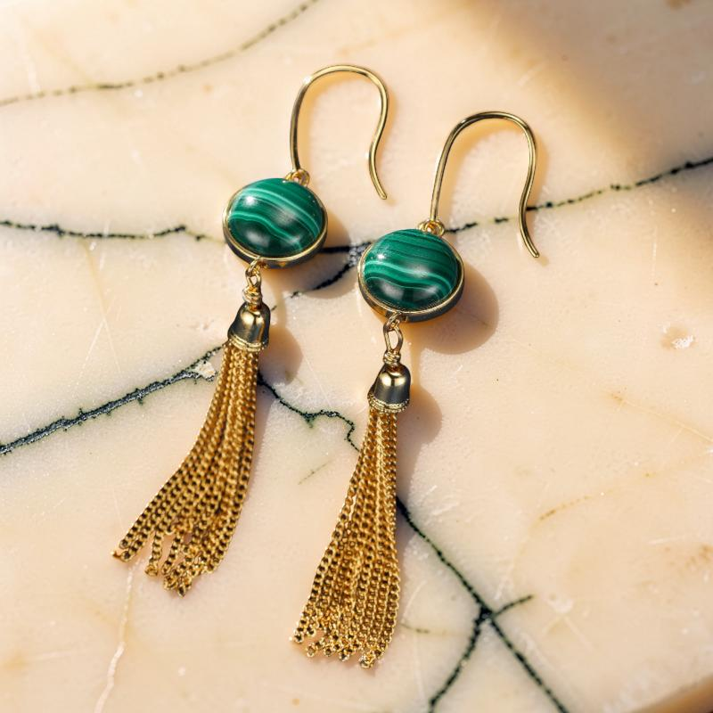 Boucles d'Oreilles Malachite – Glamour, Argent Plaqué Or