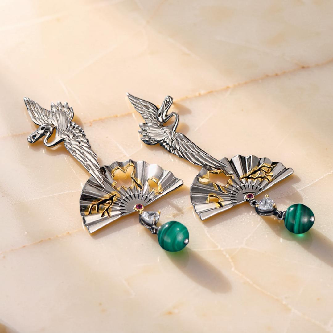 Boucles d'Oreilles Malachite – Grue de Chance, Argent 925