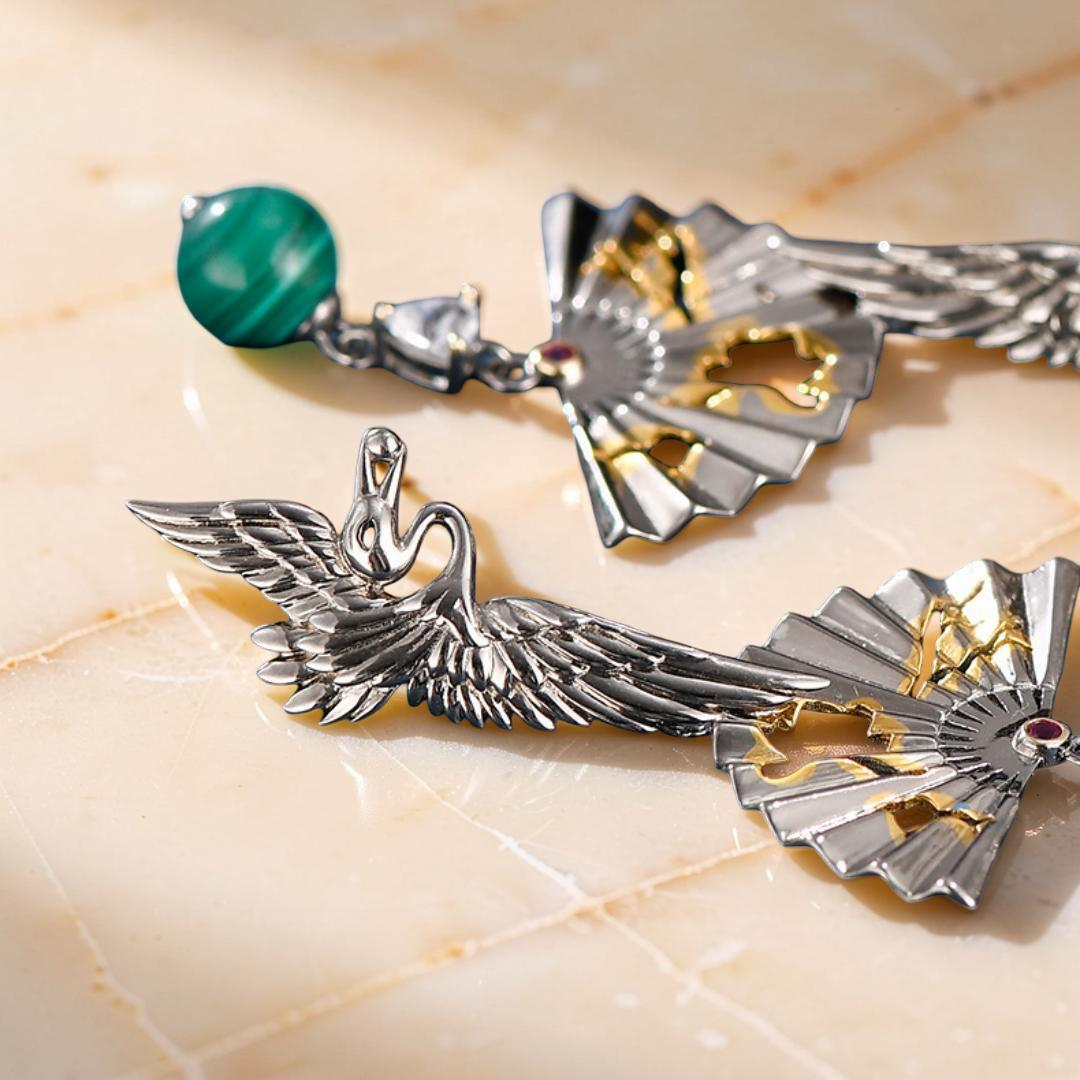 Boucles d'Oreilles Malachite – Grue de Chance, Argent 925