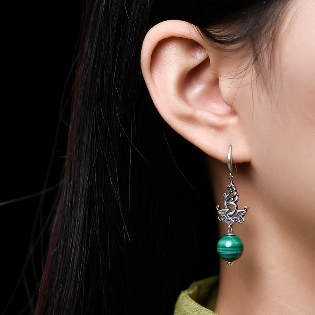Boucles d'Oreilles Malachite – Phénix de Renaissance, Argent 925