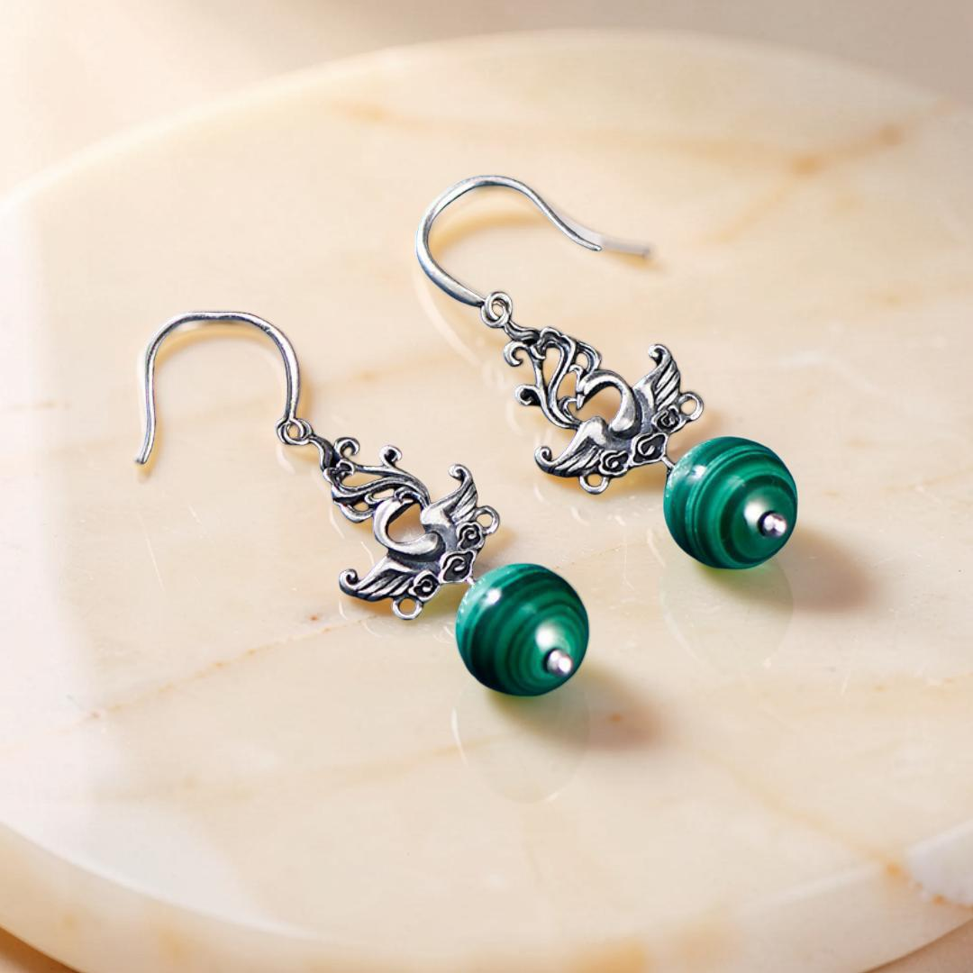 Boucles d'Oreilles Malachite – Phénix de Renaissance, Argent 925