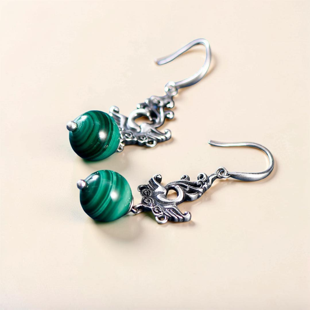 Boucles d'Oreilles Malachite – Phénix de Renaissance, Argent 925