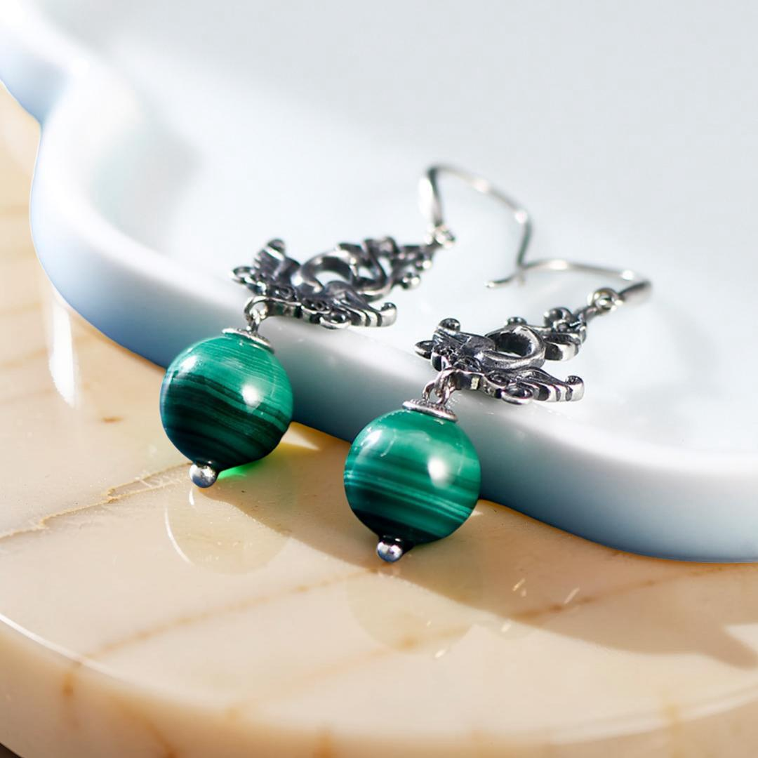 Boucles d'Oreilles Malachite – Phénix de Renaissance, Argent 925