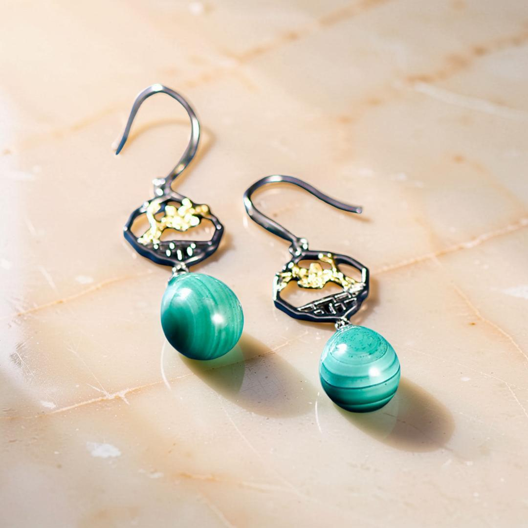 Boucles d'Oreilles Malachite – Sakura, Argent 925