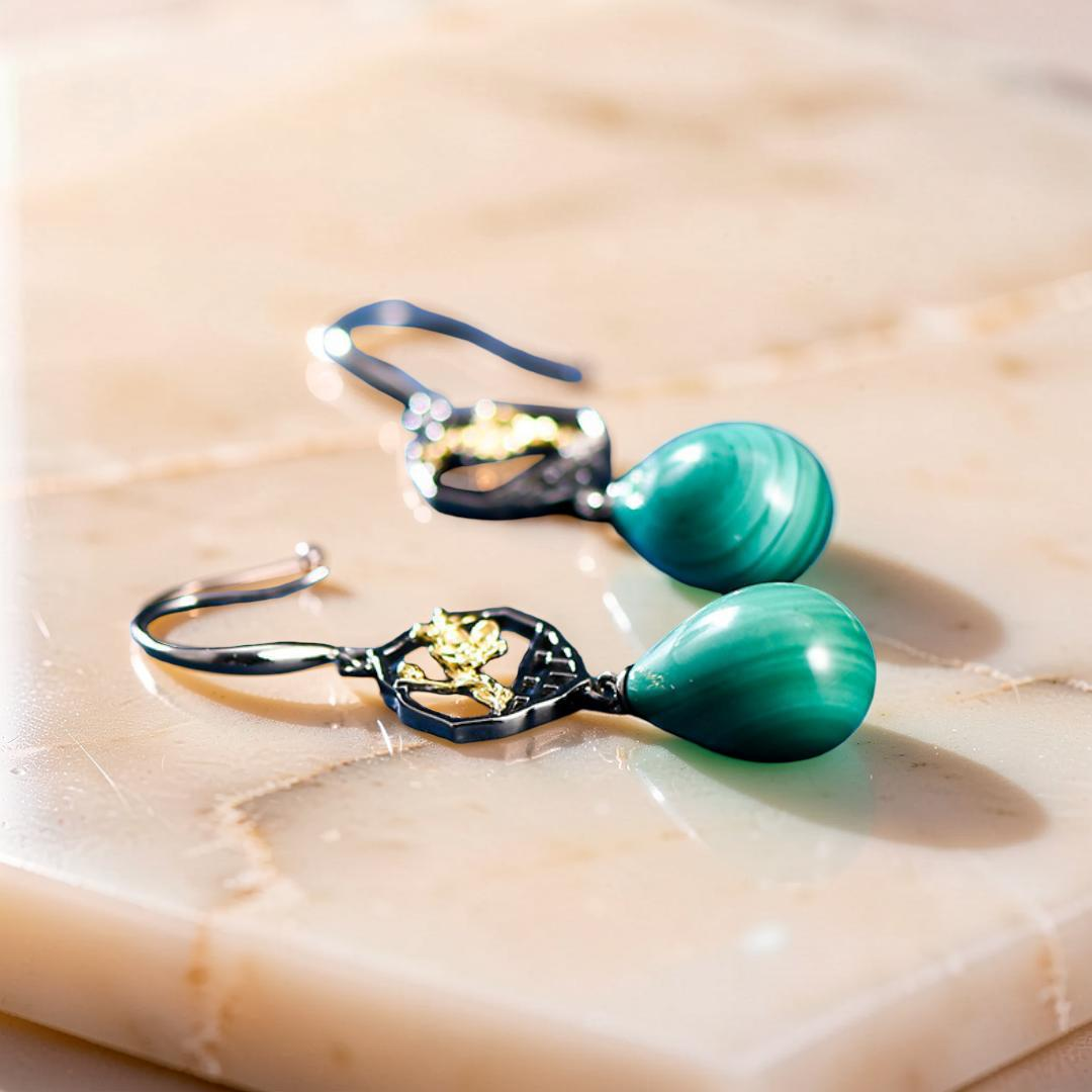 Boucles d'Oreilles Malachite – Sakura, Argent 925