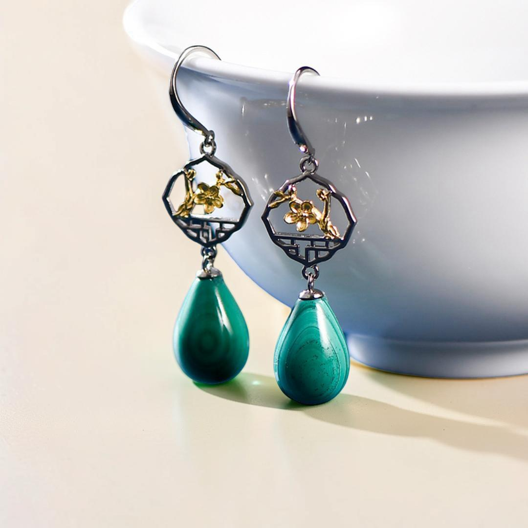 Boucles d'Oreilles Malachite – Sakura, Argent 925
