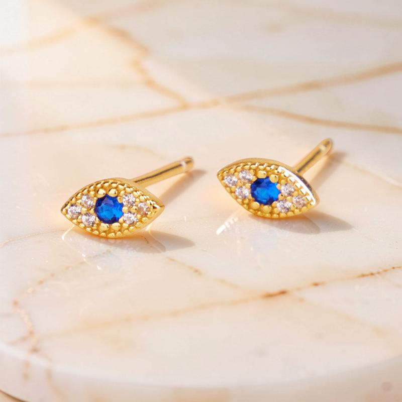 Boucles d'Oreilles Mauvais Œil – Pureté Mystique, Argent Plaqué Or