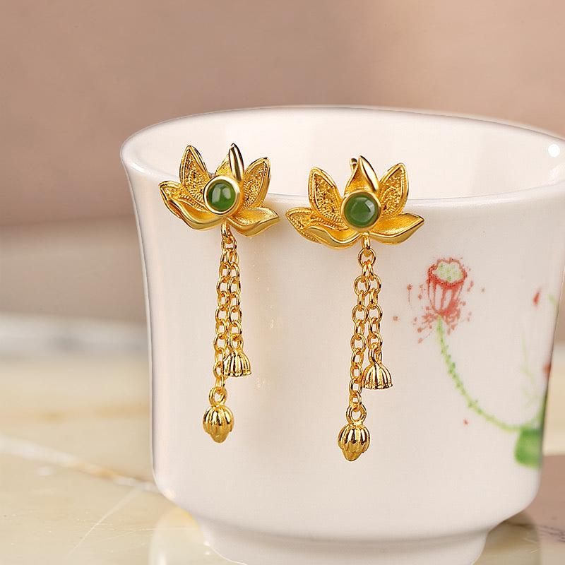 Boucles d'Oreilles Pendantes en Jade – Douceur, Argent Plaqué Or