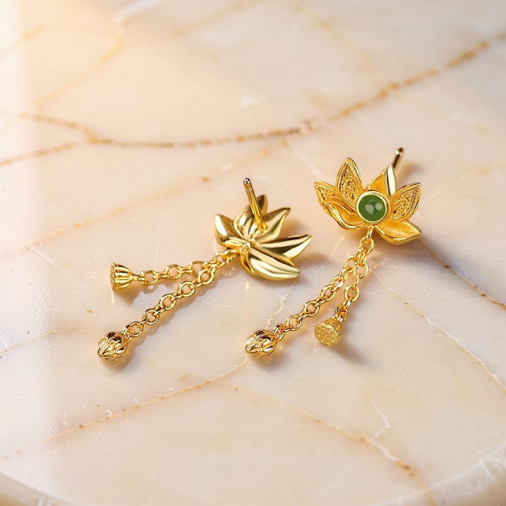 Boucles d'Oreilles Pendantes en Jade – Douceur, Argent Plaqué Or