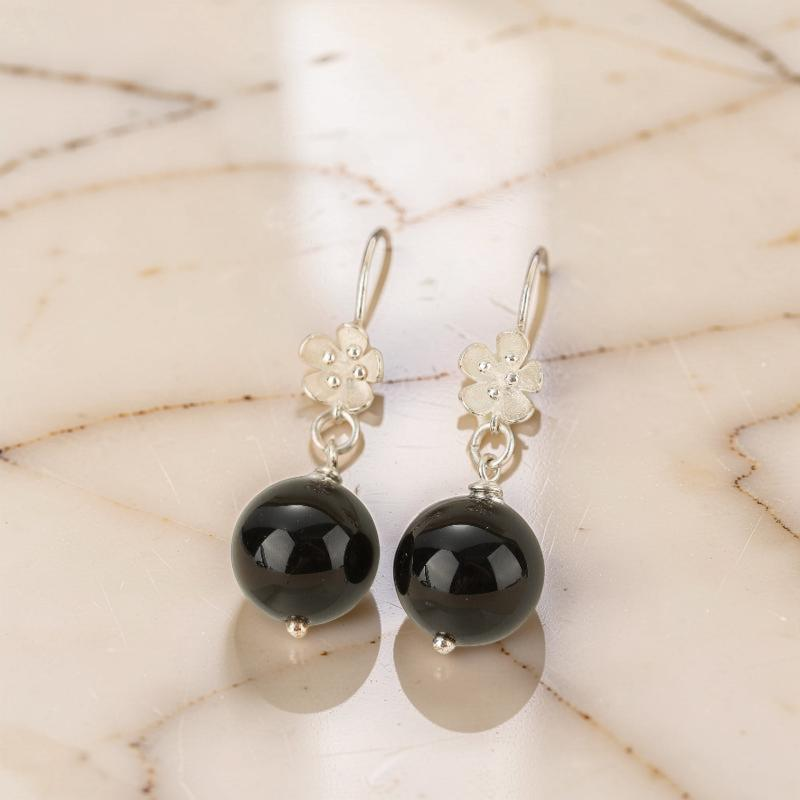 Boucles d'Oreilles Pendantes Obsidienne – Floraison Mystique, Argent